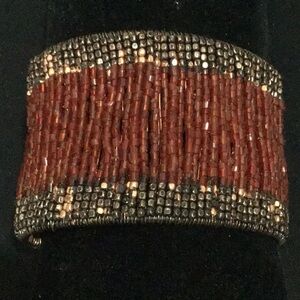Magenta/Deep Pink w/Contrast Border Open Back Adjustable Seed Bead Cuff Bracelet